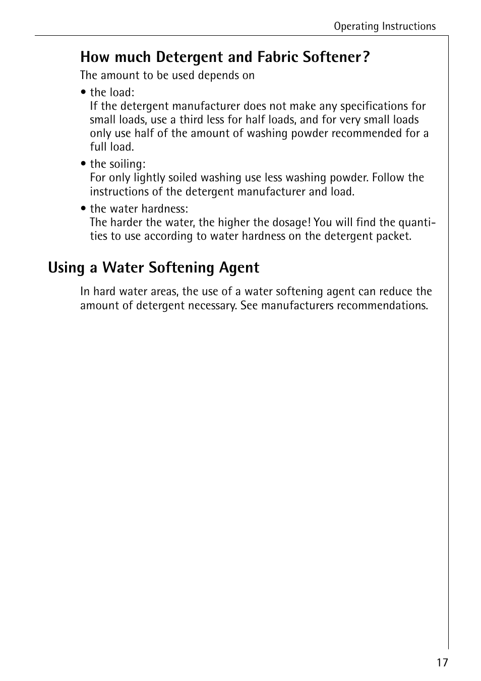 How much detergent and fabric softener, Using a water softening agent | Electrolux 86720 User Manual | Page 17 / 52
