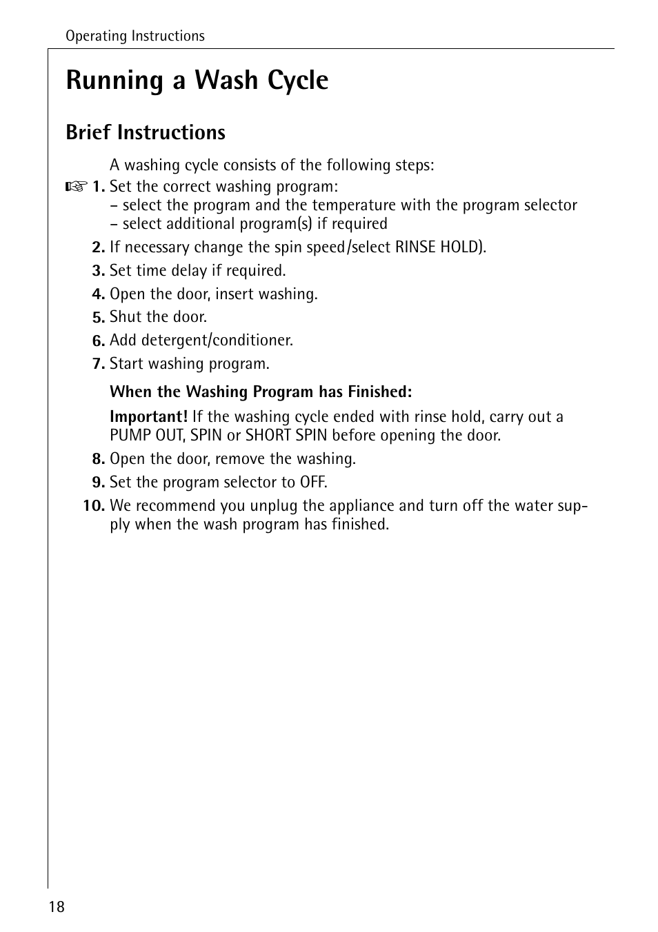 Running a wash cycle, Brief instructions | Electrolux 86720 User Manual | Page 18 / 52