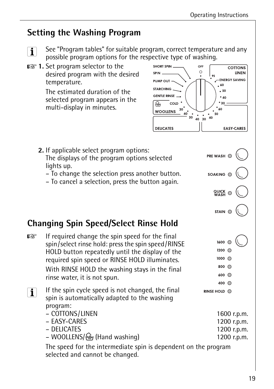 Setting the washing program, Changing spin speed/select rinse hold | Electrolux 86720 User Manual | Page 19 / 52