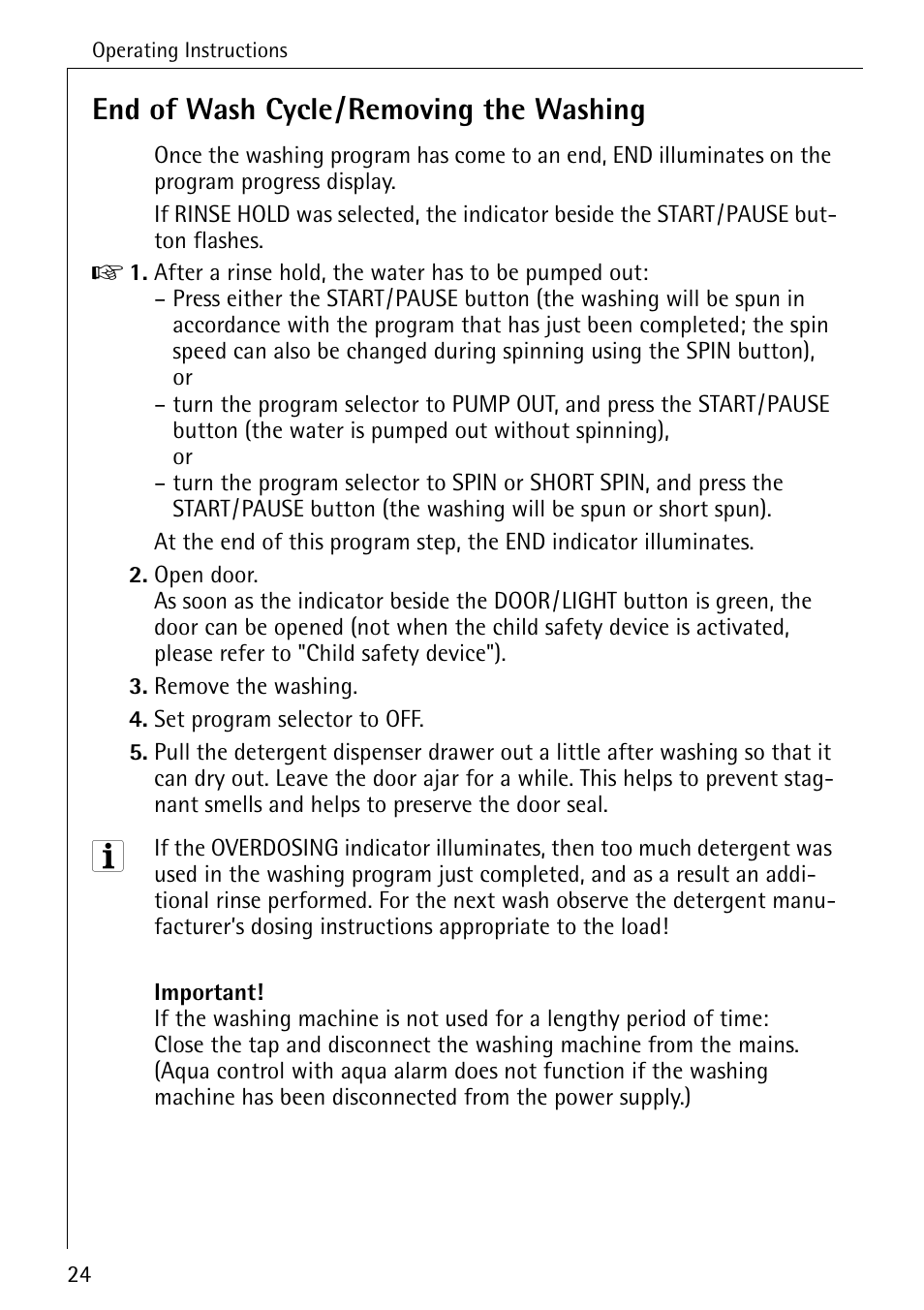 End of wash cycle/removing the washing | Electrolux 86720 User Manual | Page 24 / 52