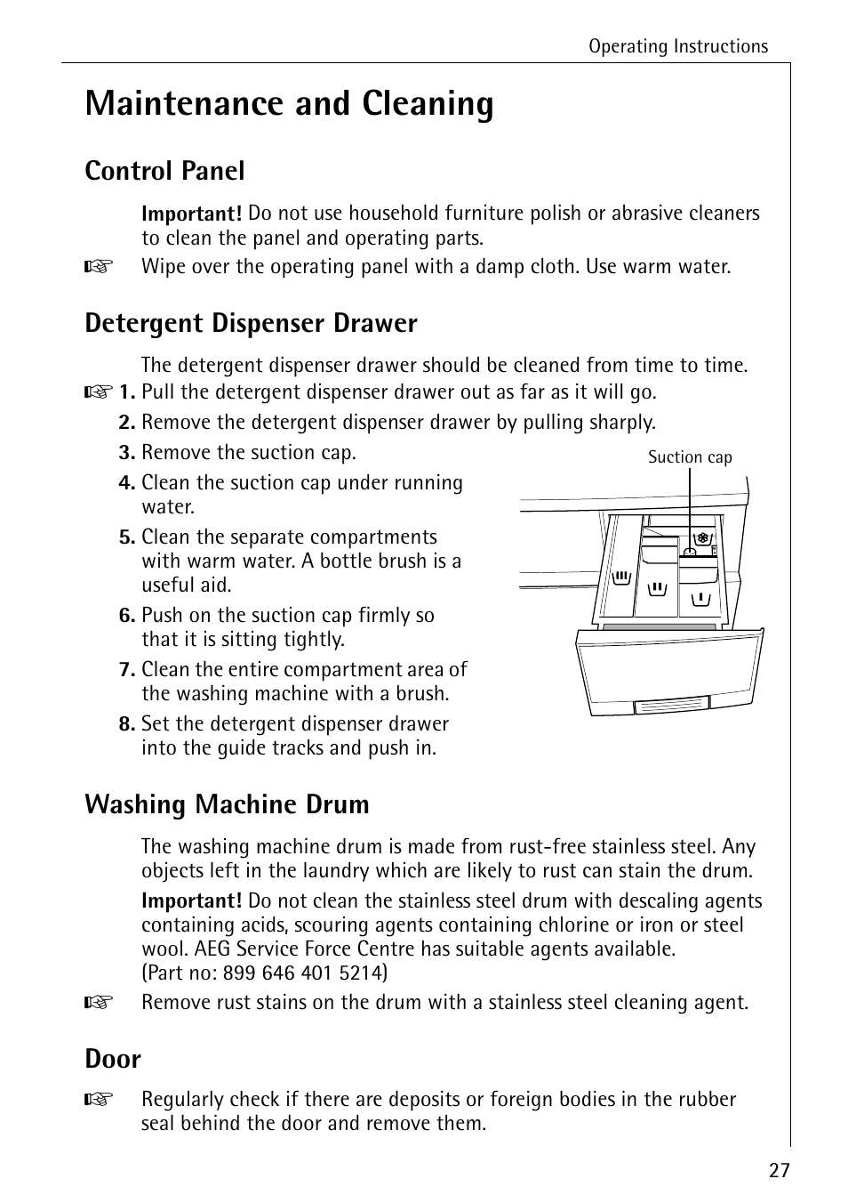 Maintenance and cleaning, Control panel, Detergent dispenser drawer | Washing machine drum, Door | Electrolux 86720 User Manual | Page 27 / 52