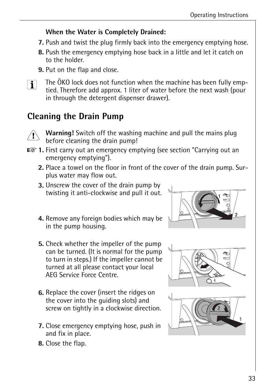 Cleaning the drain pump | Electrolux 86720 User Manual | Page 33 / 52