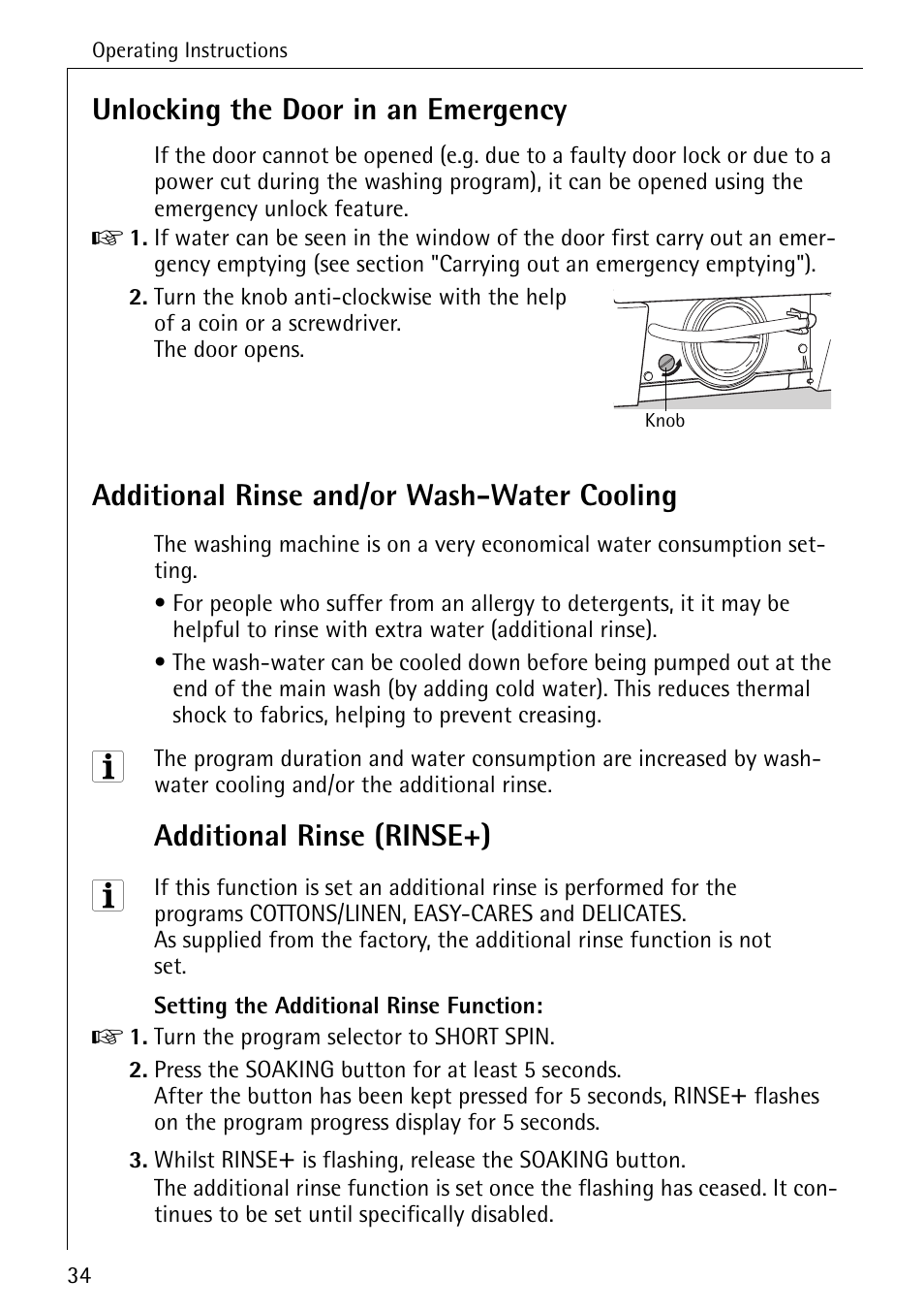 Unlocking the door in an emergency, Additional rinse and/or wash-water cooling, Additional rinse (rinse+) | Electrolux 86720 User Manual | Page 34 / 52