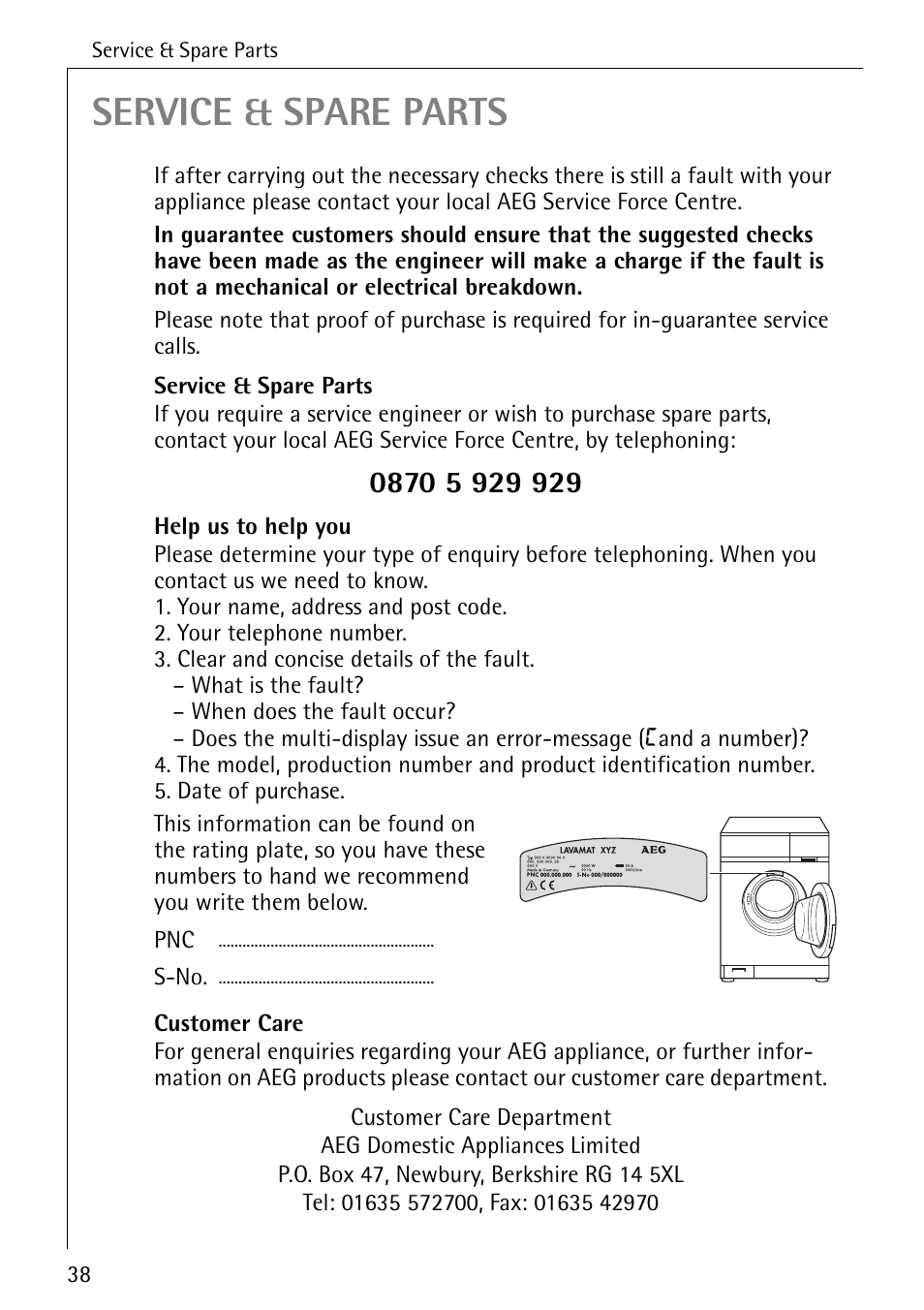 Service & spare parts | Electrolux 86720 User Manual | Page 38 / 52