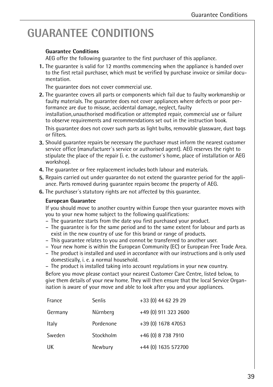 Guarantee conditions | Electrolux 86720 User Manual | Page 39 / 52