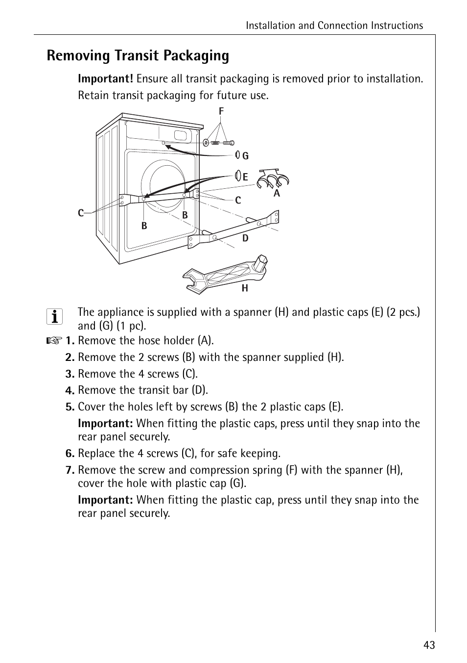 Removing transit packaging | Electrolux 86720 User Manual | Page 43 / 52