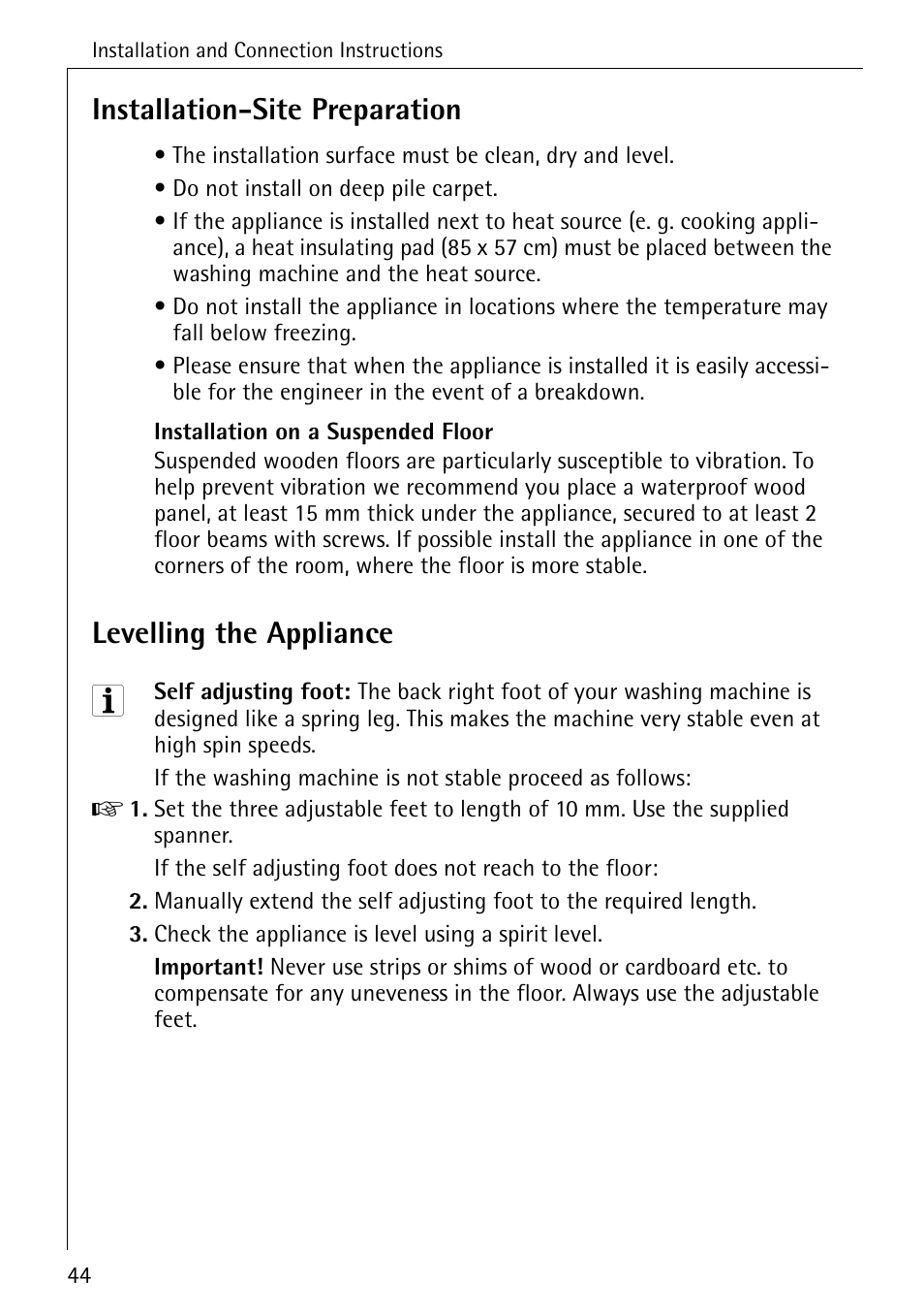 Installation-site preparation, Levelling the appliance | Electrolux 86720 User Manual | Page 44 / 52