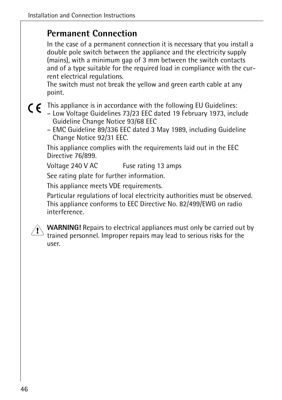 Permanent connection | Electrolux 86720 User Manual | Page 46 / 52