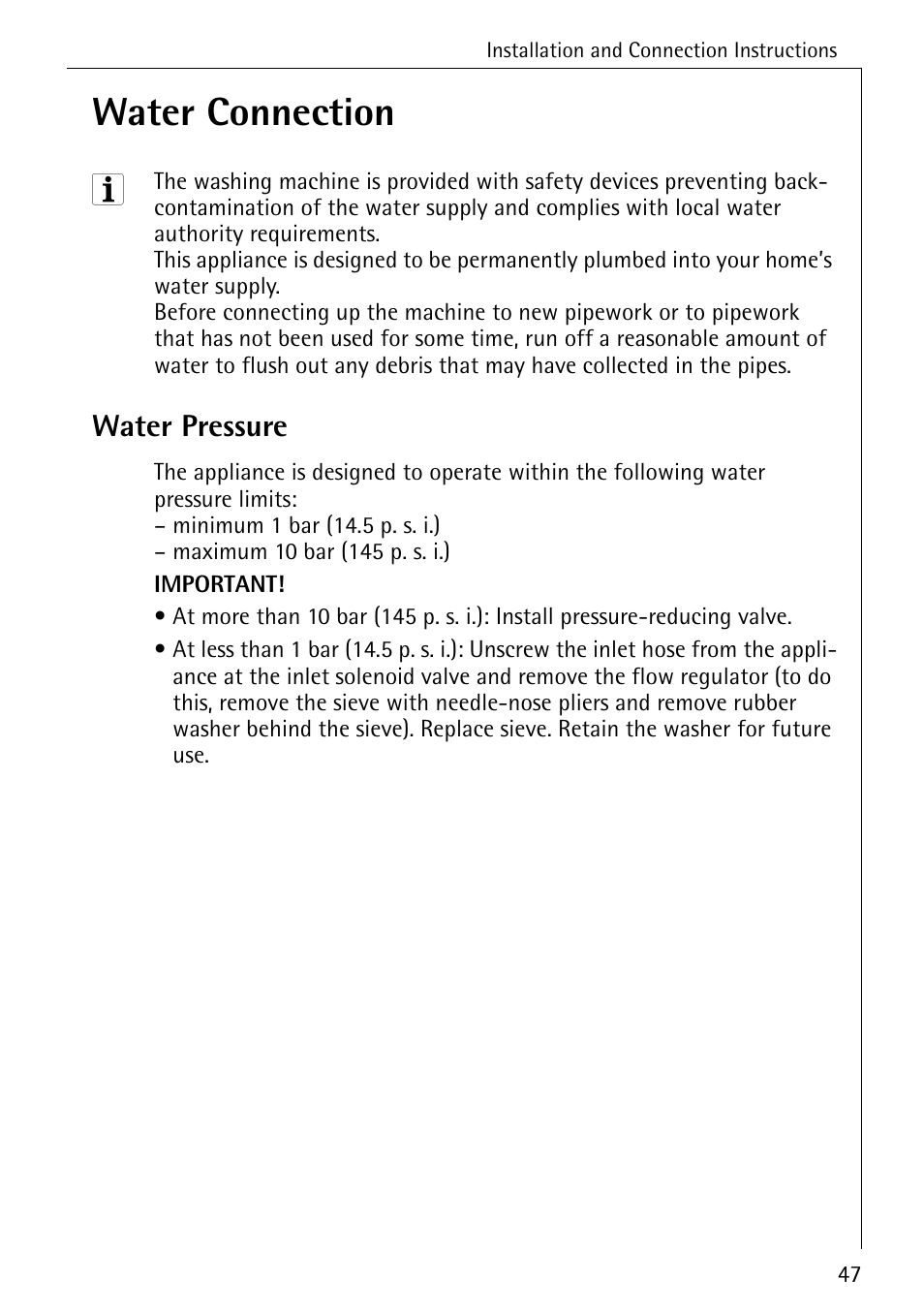 Water connection, Water pressure | Electrolux 86720 User Manual | Page 47 / 52