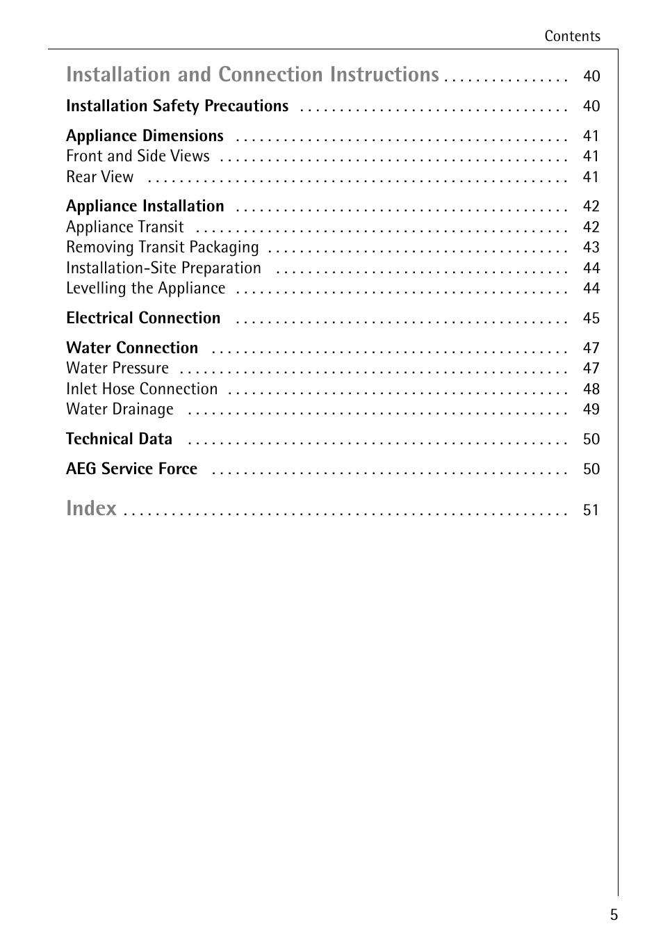 Installation and connection instructions, Index | Electrolux 86720 User Manual | Page 5 / 52