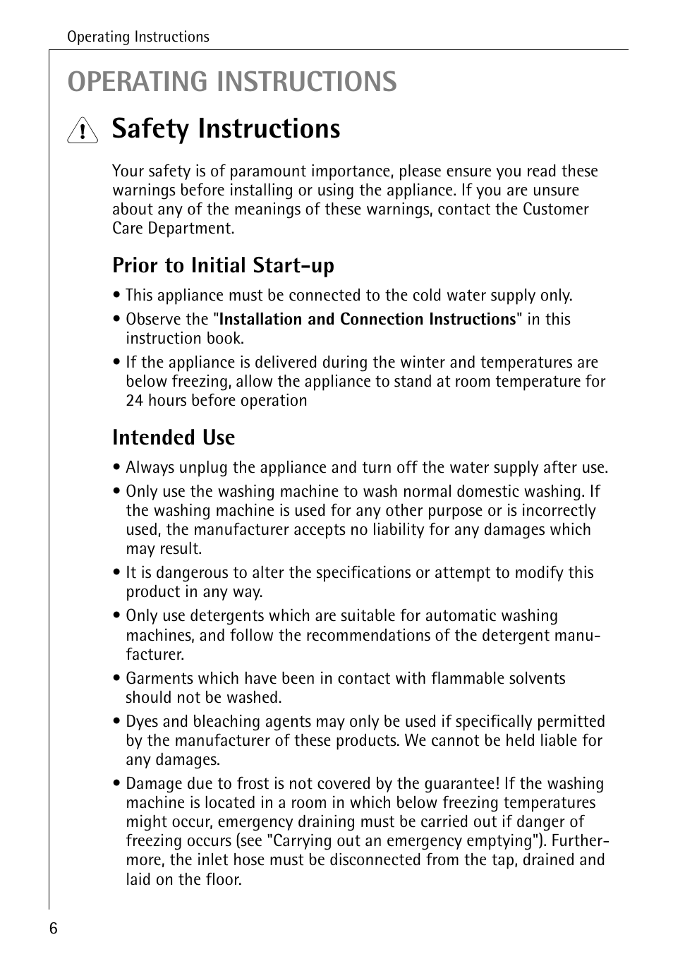 Operating instructions, Safety instructions, Prior to initial start-up | Intended use | Electrolux 86720 User Manual | Page 6 / 52