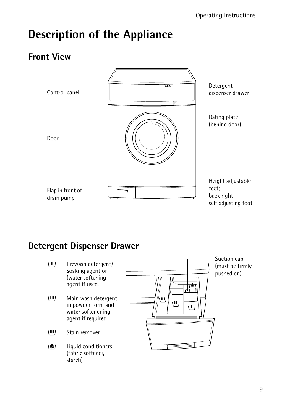 Description of the appliance, Front view detergent dispenser drawer | Electrolux 86720 User Manual | Page 9 / 52