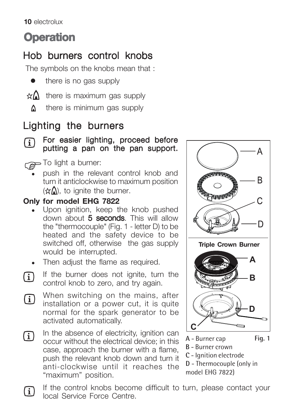 Operation, Hob burners control knobs, Lighting the burners | Electrolux U31216 EHG 7812 User Manual | Page 10 / 36