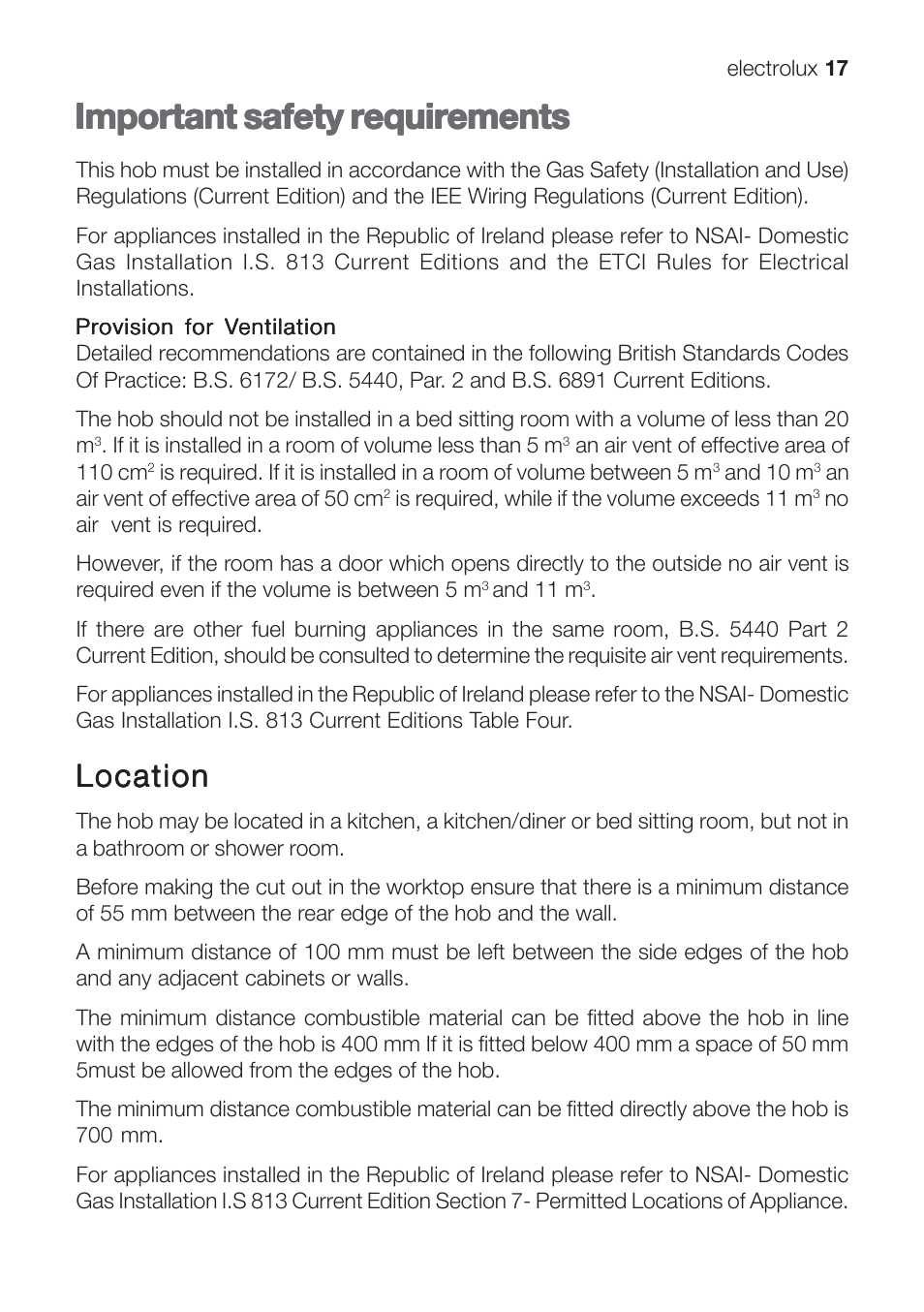 Important safety requirements, Location | Electrolux U31216 EHG 7812 User Manual | Page 17 / 36