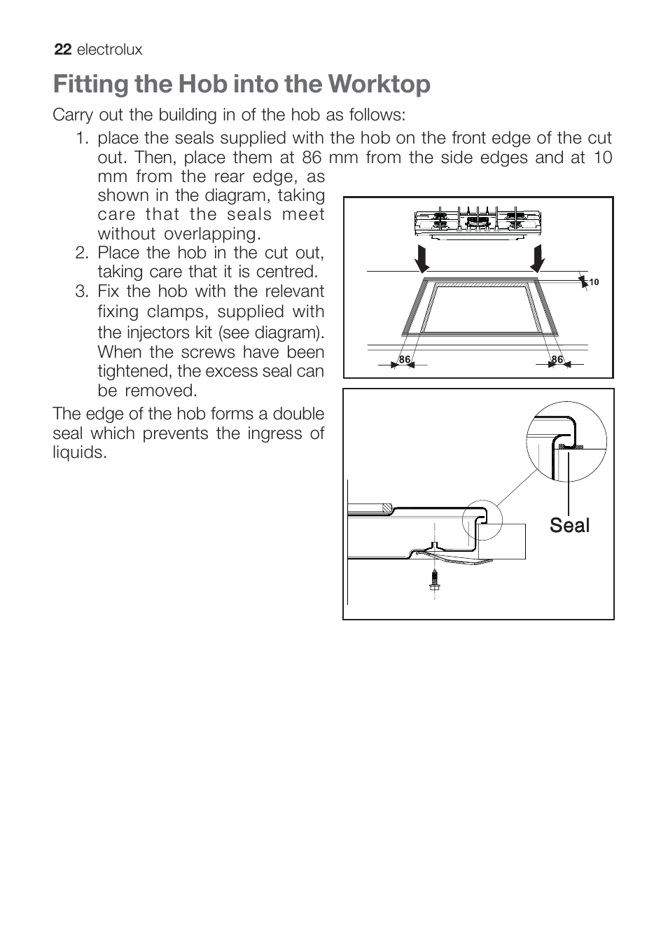 Fitting the hob into the worktop | Electrolux U31216 EHG 7812 User Manual | Page 22 / 36