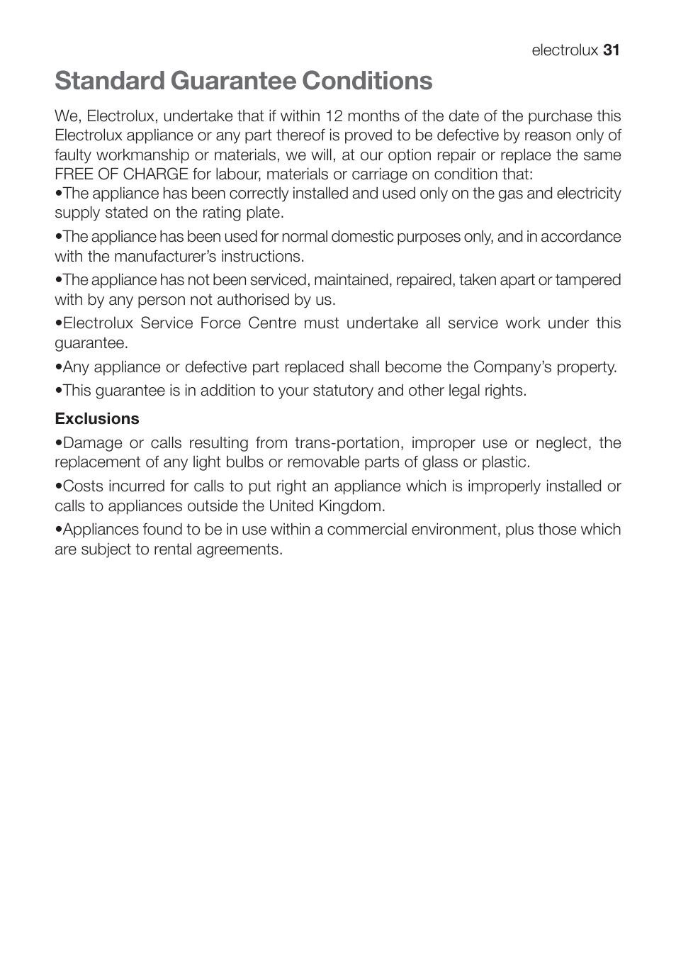 Standard guarantee conditions | Electrolux U31216 EHG 7812 User Manual | Page 31 / 36