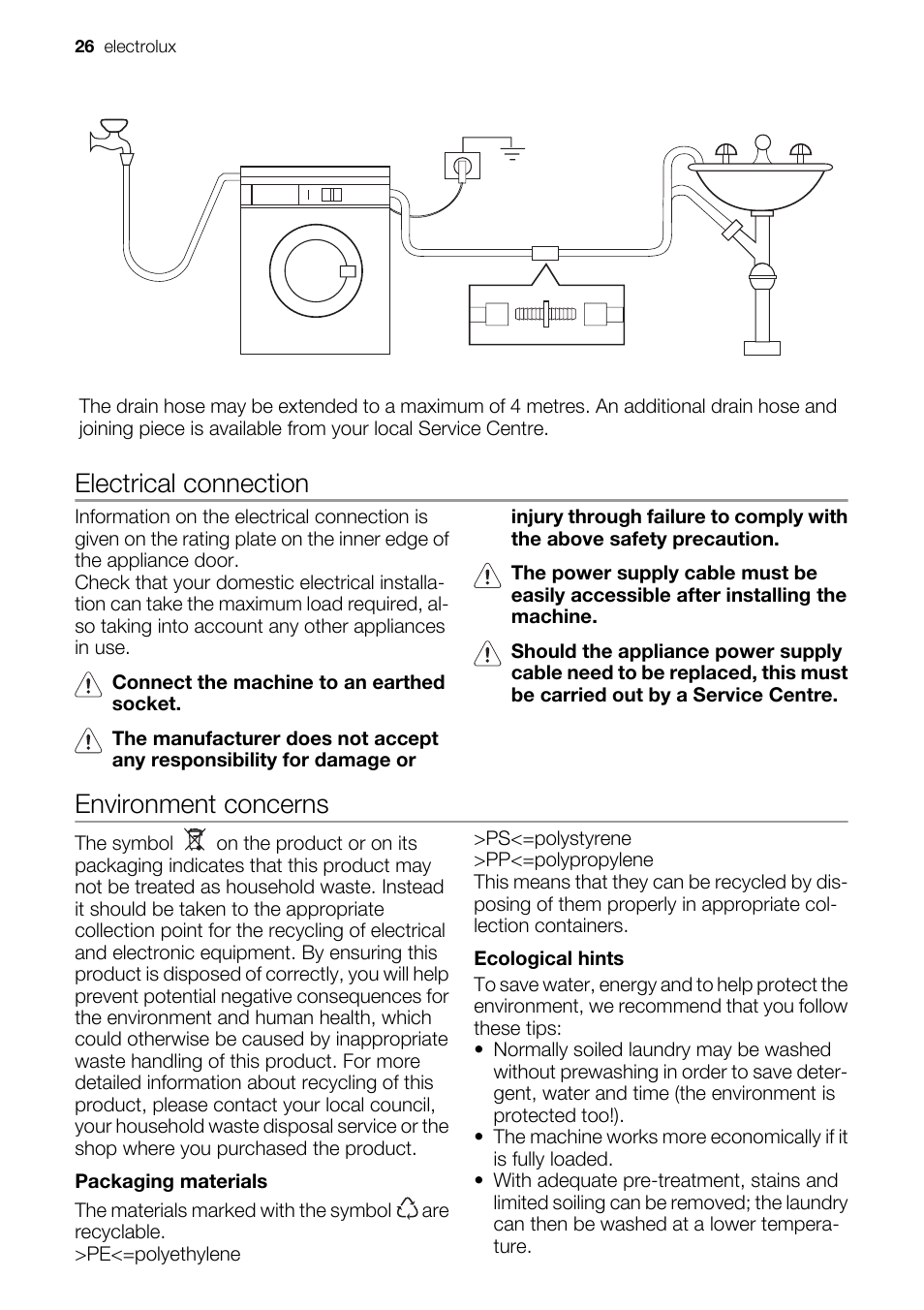 Electrical connection, Environment concerns | Electrolux EWF 127570W User Manual | Page 26 / 28