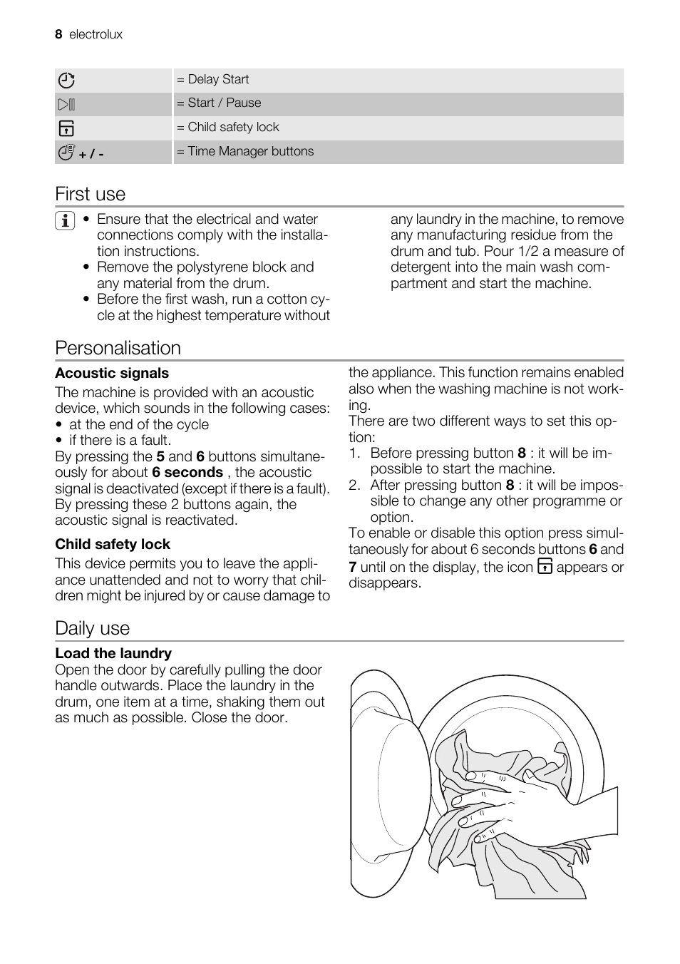 First use, Personalisation, Daily use | Electrolux EWF 127570W User Manual | Page 8 / 28