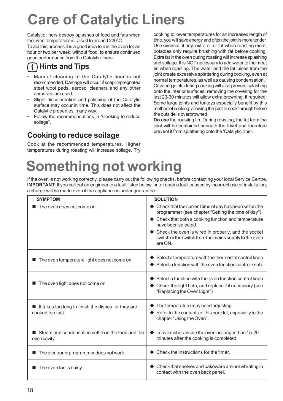 Care of catalytic liners something not working, Hints and tips, Cooking to reduce soilage | Electrolux EOS 6700 User Manual | Page 18 / 24