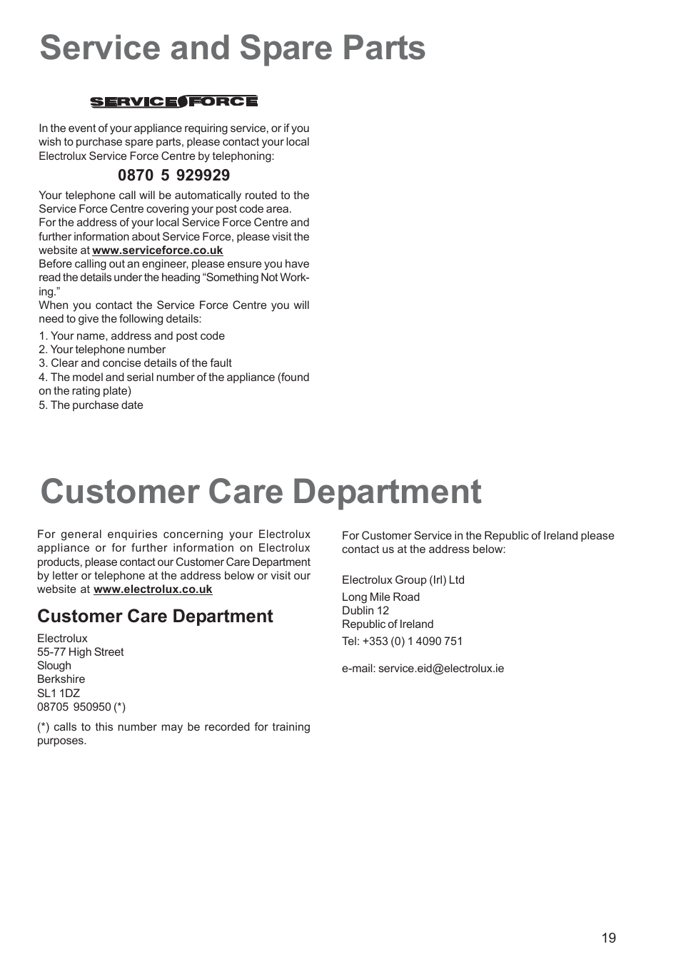 Service and spare parts customer care department | Electrolux EOS 6700 User Manual | Page 19 / 24