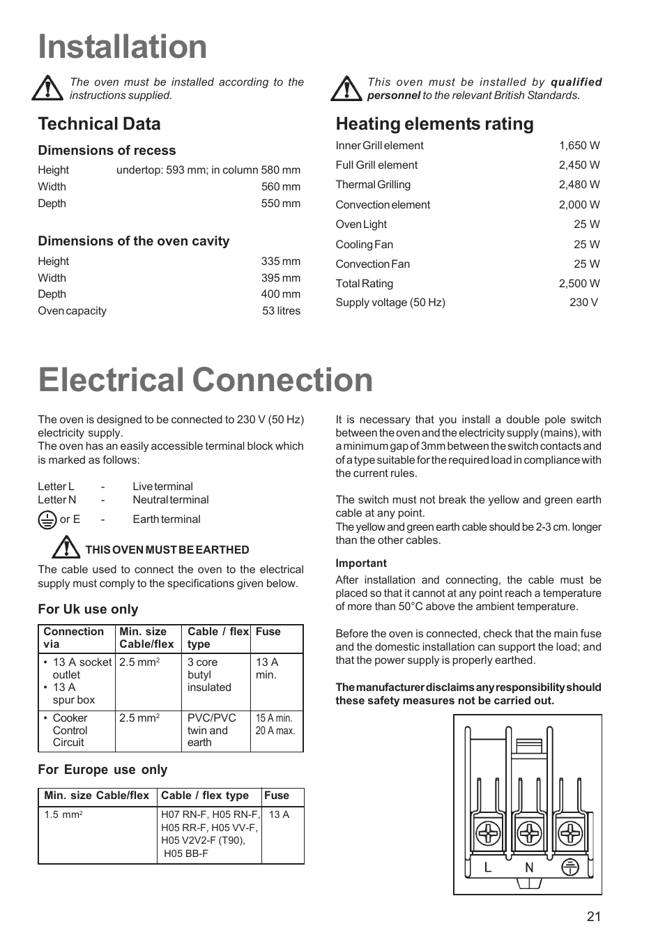 Electrical connection installation, Heating elements rating, Technical data | Electrolux EOS 6700 User Manual | Page 21 / 24