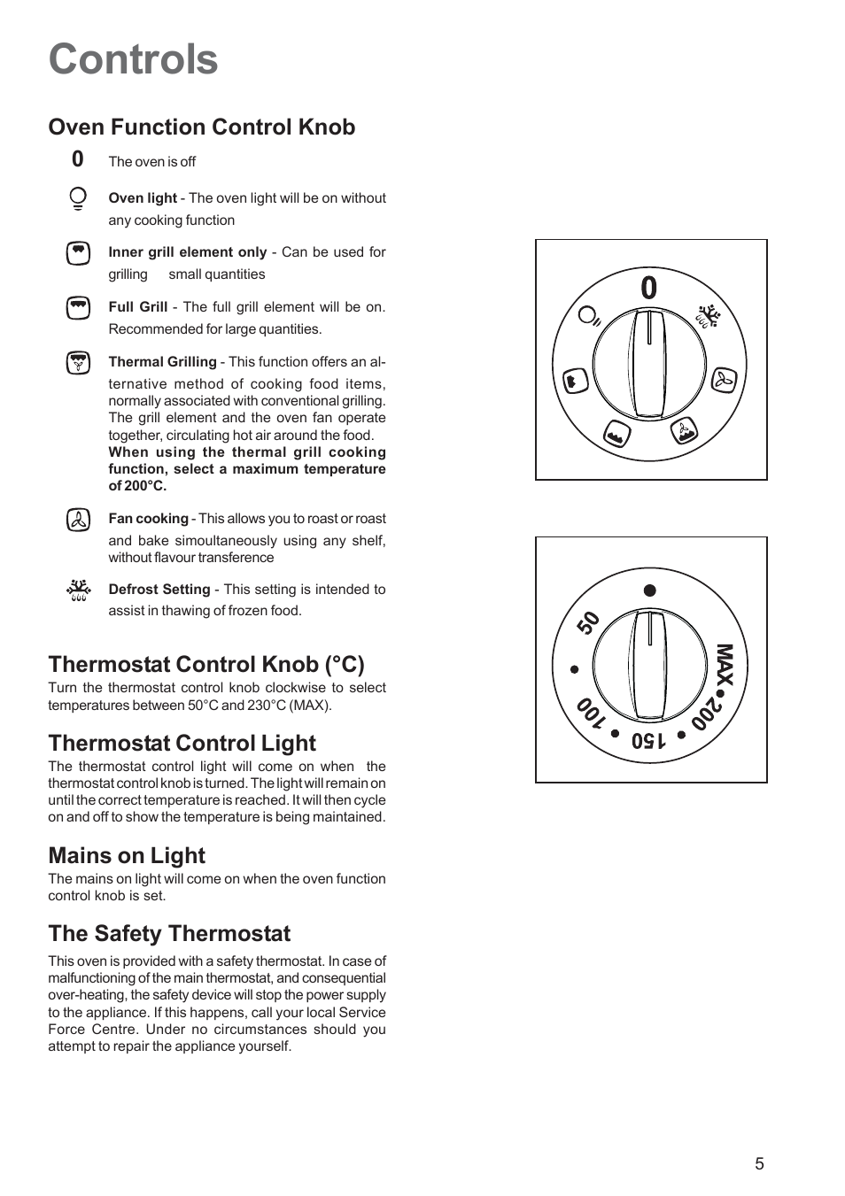 Controls, Oven function control knob 0, Thermostat control knob (°c) | Thermostat control light, Mains on light, The safety thermostat | Electrolux EOS 6700 User Manual | Page 5 / 24