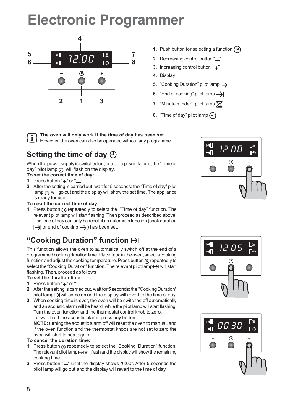 Electronic programmer, Setting the time of day, Cooking duration” function | Electrolux EOS 6700 User Manual | Page 8 / 24