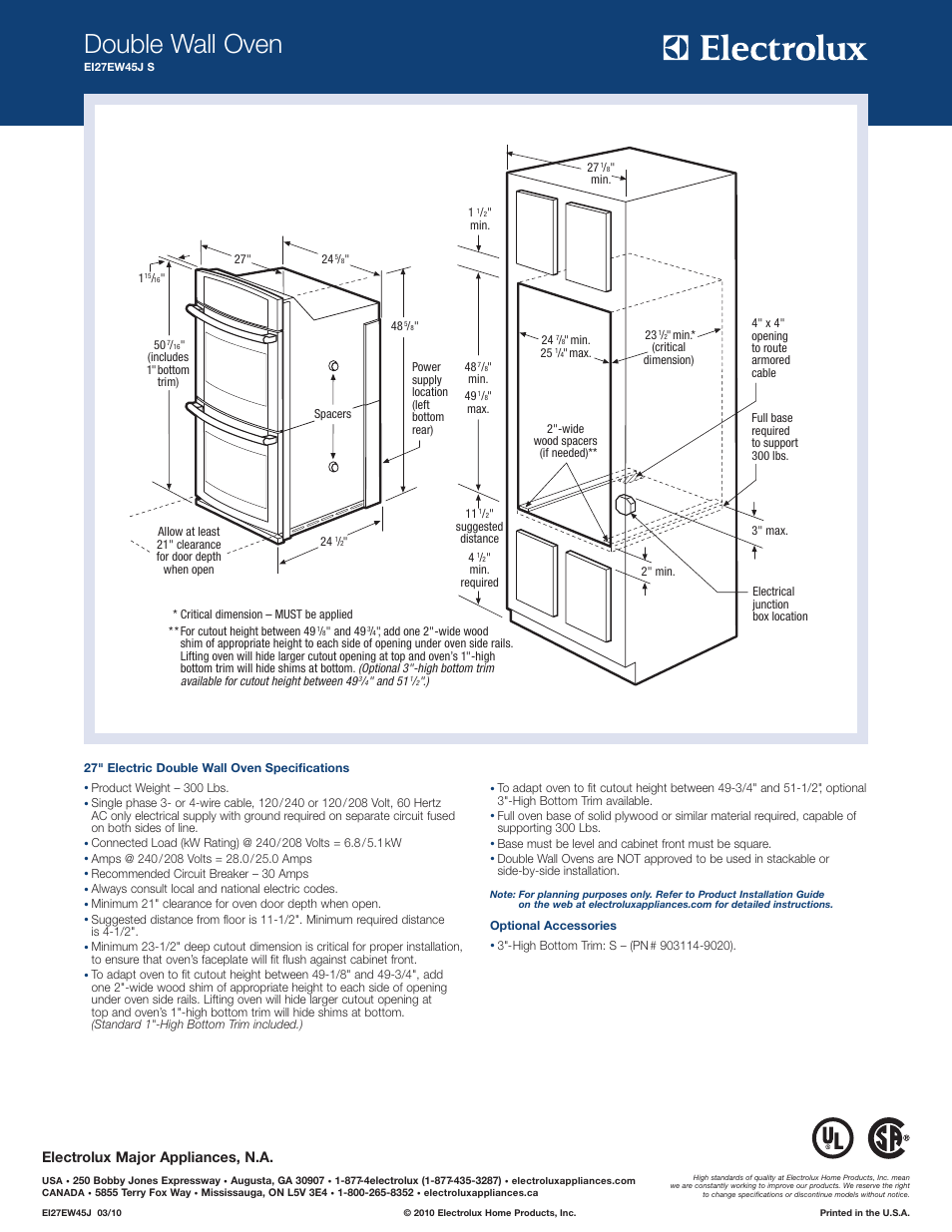 Double wall oven, Electrolux major appliances, n.a | Electrolux DOUBLE WALL OVEN EI27EW45J S User Manual | Page 2 / 2