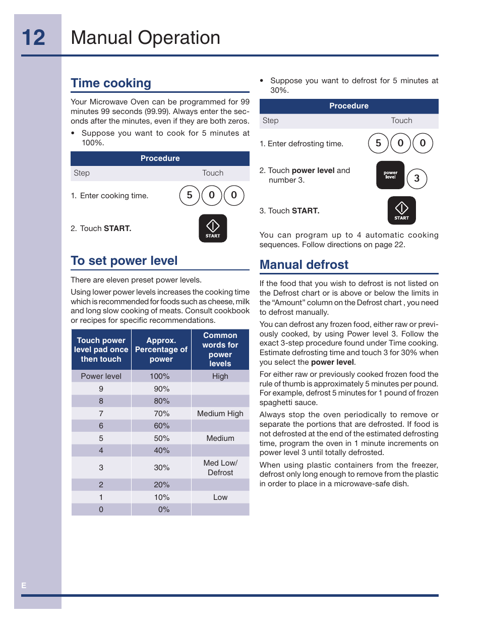 Manual operation, Manual defrost, Time cooking | Electrolux TINSEB491MRR0 User Manual | Page 12 / 28