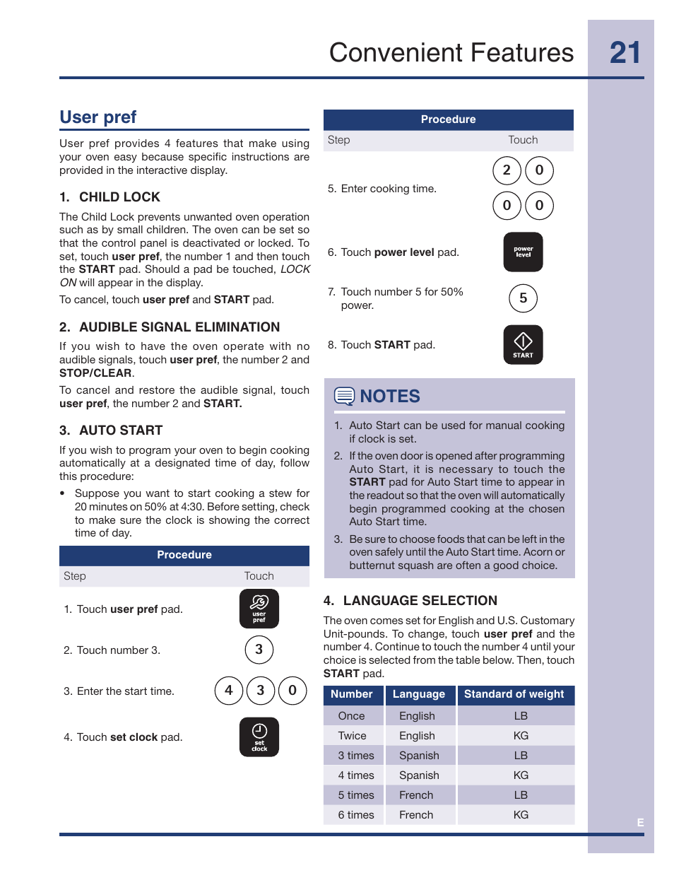 Convenient features, User pref | Electrolux TINSEB491MRR0 User Manual | Page 21 / 28