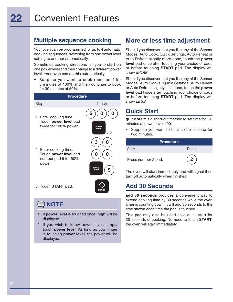 Convenient features, More or less time adjustment, Quick start | Add 30 seconds, Multiple sequence cooking | Electrolux TINSEB491MRR0 User Manual | Page 22 / 28