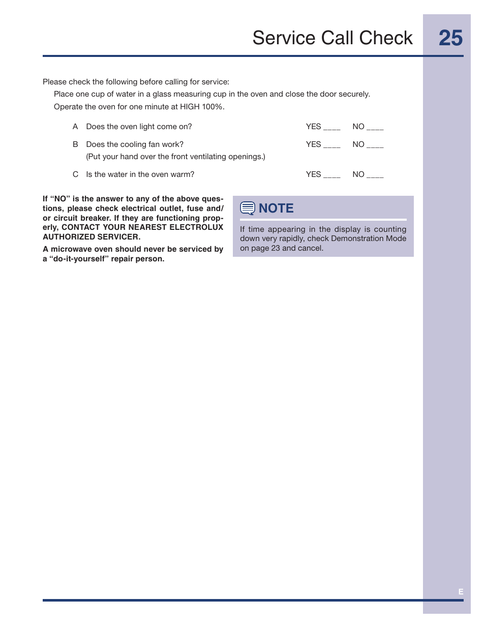 Service call check | Electrolux TINSEB491MRR0 User Manual | Page 25 / 28