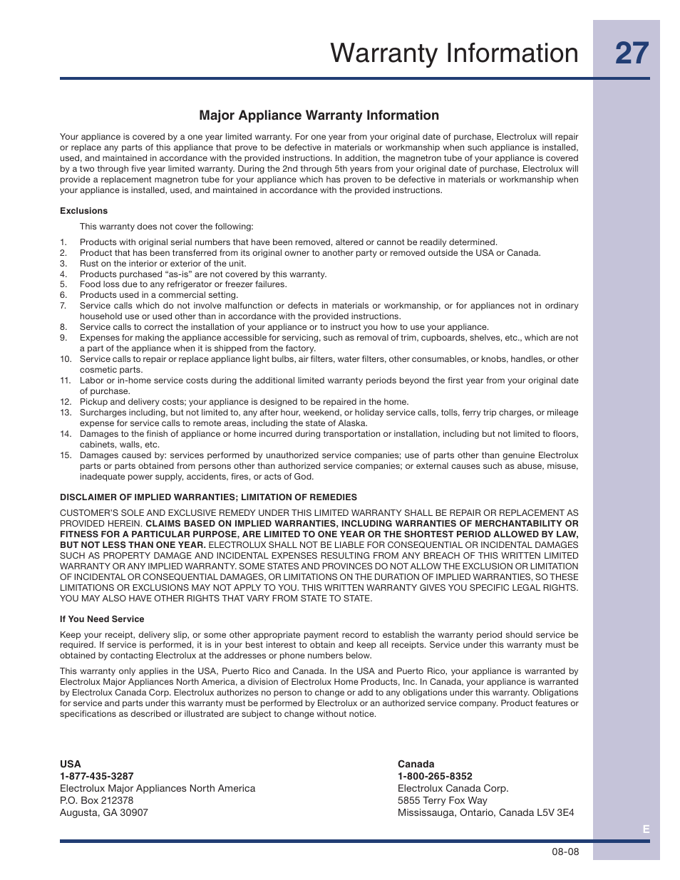 Warranty information, Major appliance warranty information | Electrolux TINSEB491MRR0 User Manual | Page 27 / 28