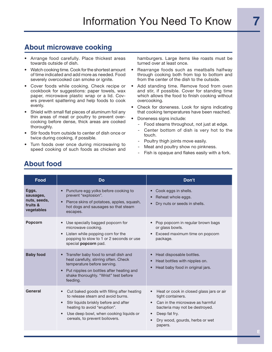 Information you need to know, About food, About microwave cooking | Electrolux TINSEB491MRR0 User Manual | Page 7 / 28