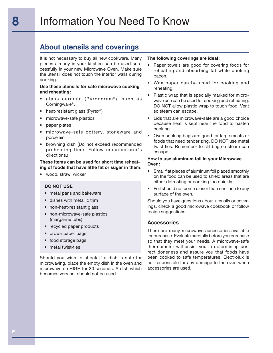 Information you need to know, About utensils and coverings | Electrolux TINSEB491MRR0 User Manual | Page 8 / 28