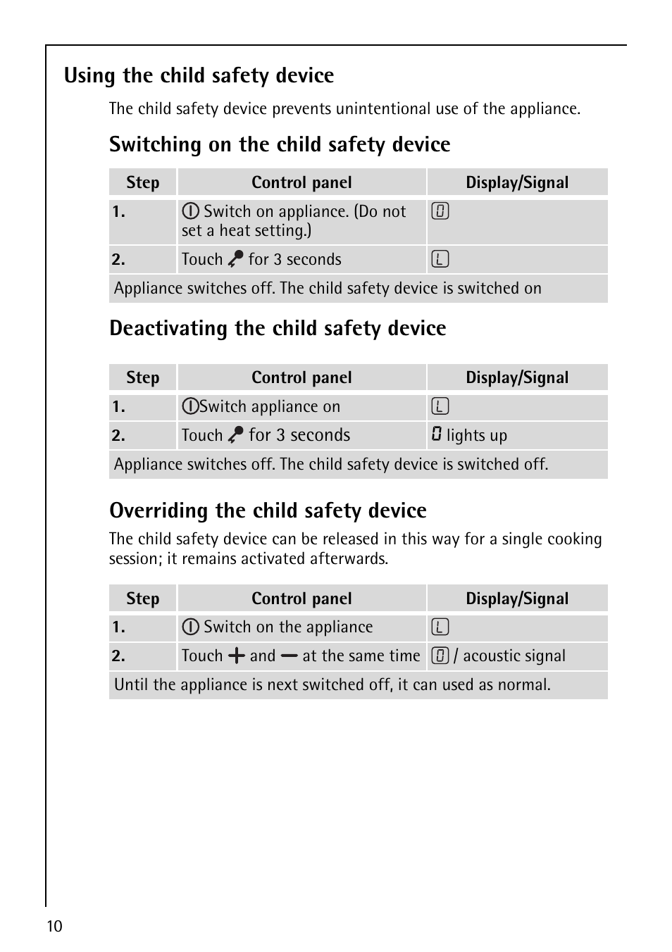 Using the child safety device, Overriding the child safety device | Electrolux U32098 FM4863-an User Manual | Page 10 / 32