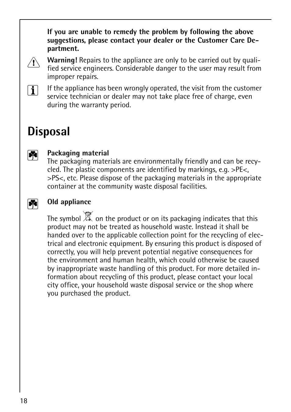 Disposal 2 | Electrolux U32098 FM4863-an User Manual | Page 18 / 32