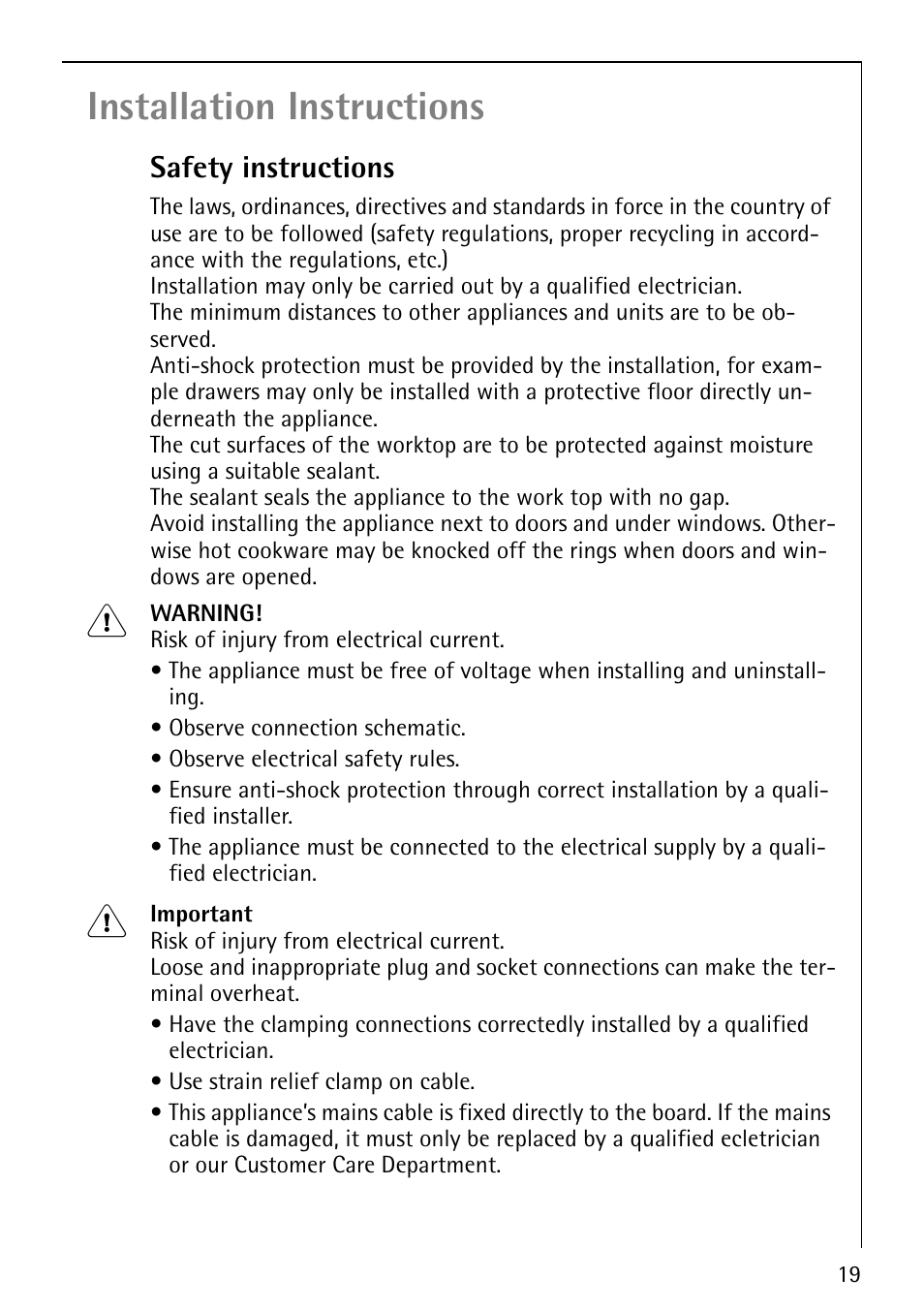 Installation instructions, Safety instructions | Electrolux U32098 FM4863-an User Manual | Page 19 / 32