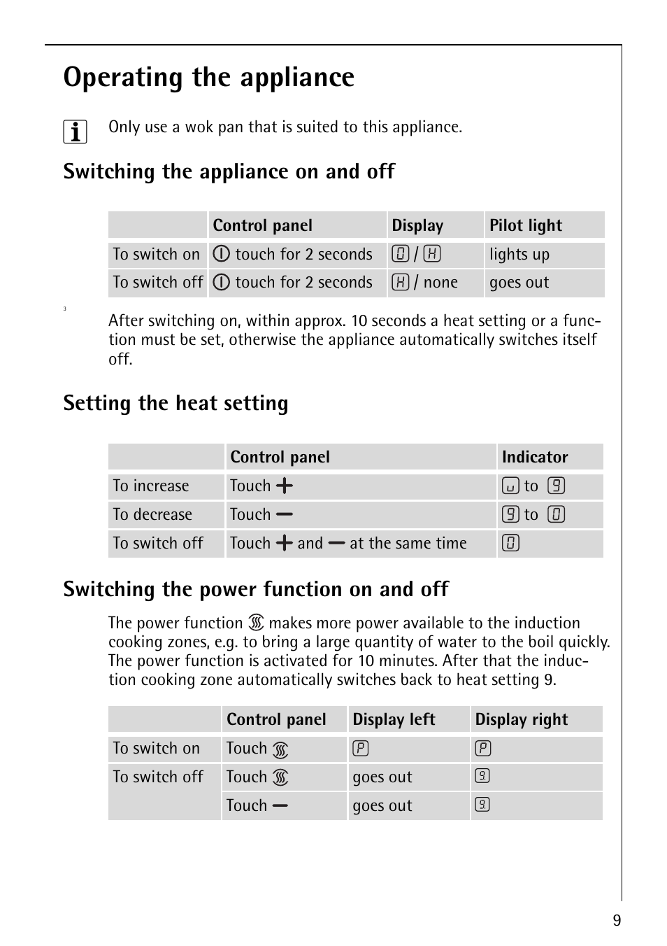 Operating the appliance 3, Switching the appliance on and off, Setting the heat setting | Switching the power function on and off | Electrolux U32098 FM4863-an User Manual | Page 9 / 32