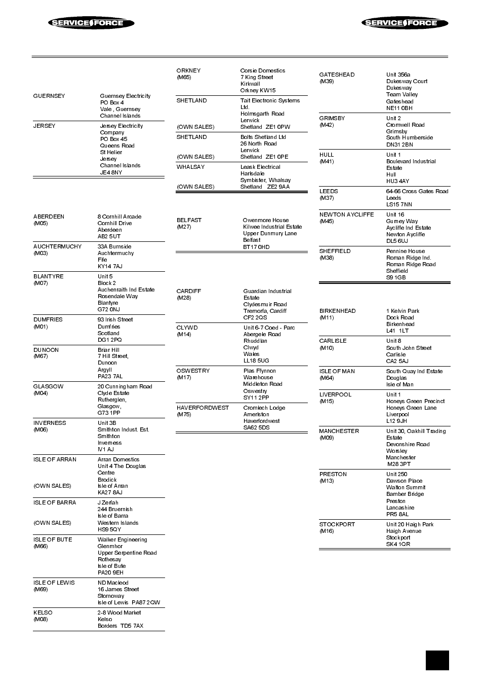 Electrolux service force, Channel islands, Scotland | Northern ireland, Wales, North east, North west, Midlands | Electrolux ER 7656B User Manual | Page 15 / 24