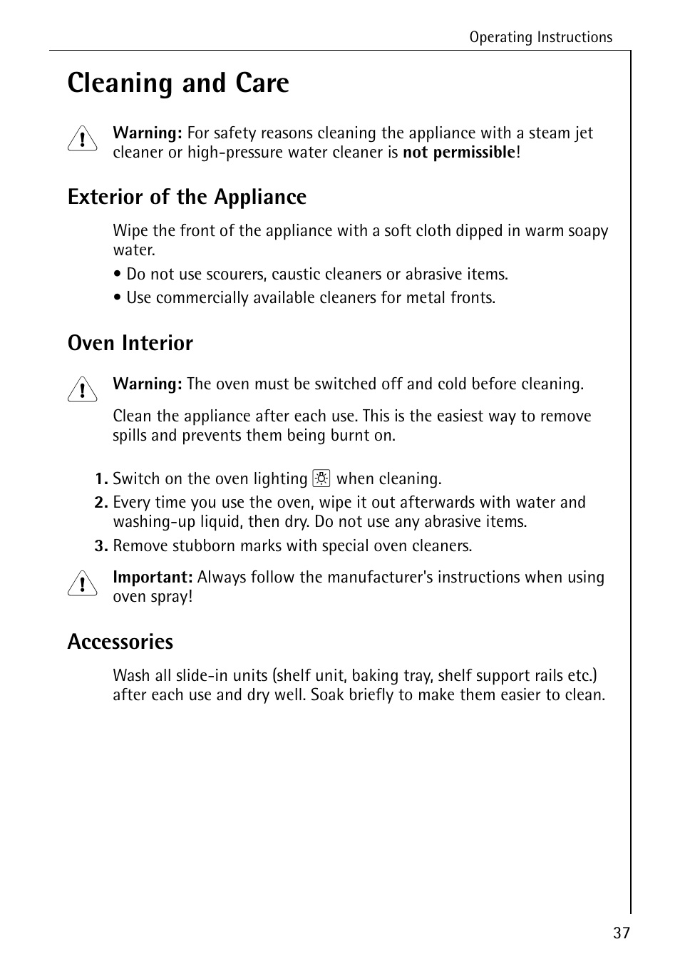 Cleaning and care, Exterior of the appliance, Oven interior | Accessories | Electrolux B2100-1 User Manual | Page 37 / 56