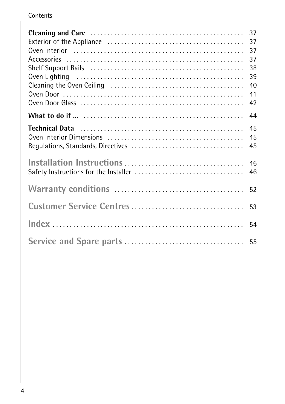 Installation instructions, Warranty conditions, Customer service centres | Index, Service and spare parts | Electrolux B2100-1 User Manual | Page 4 / 56