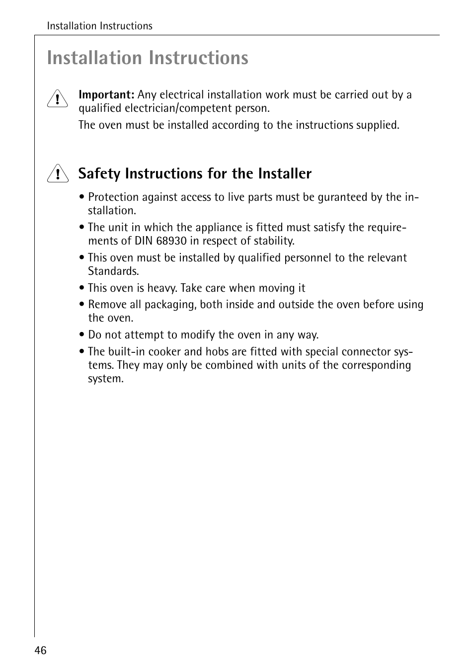 Installation instructions, Safety instructions for the installer | Electrolux B2100-1 User Manual | Page 46 / 56