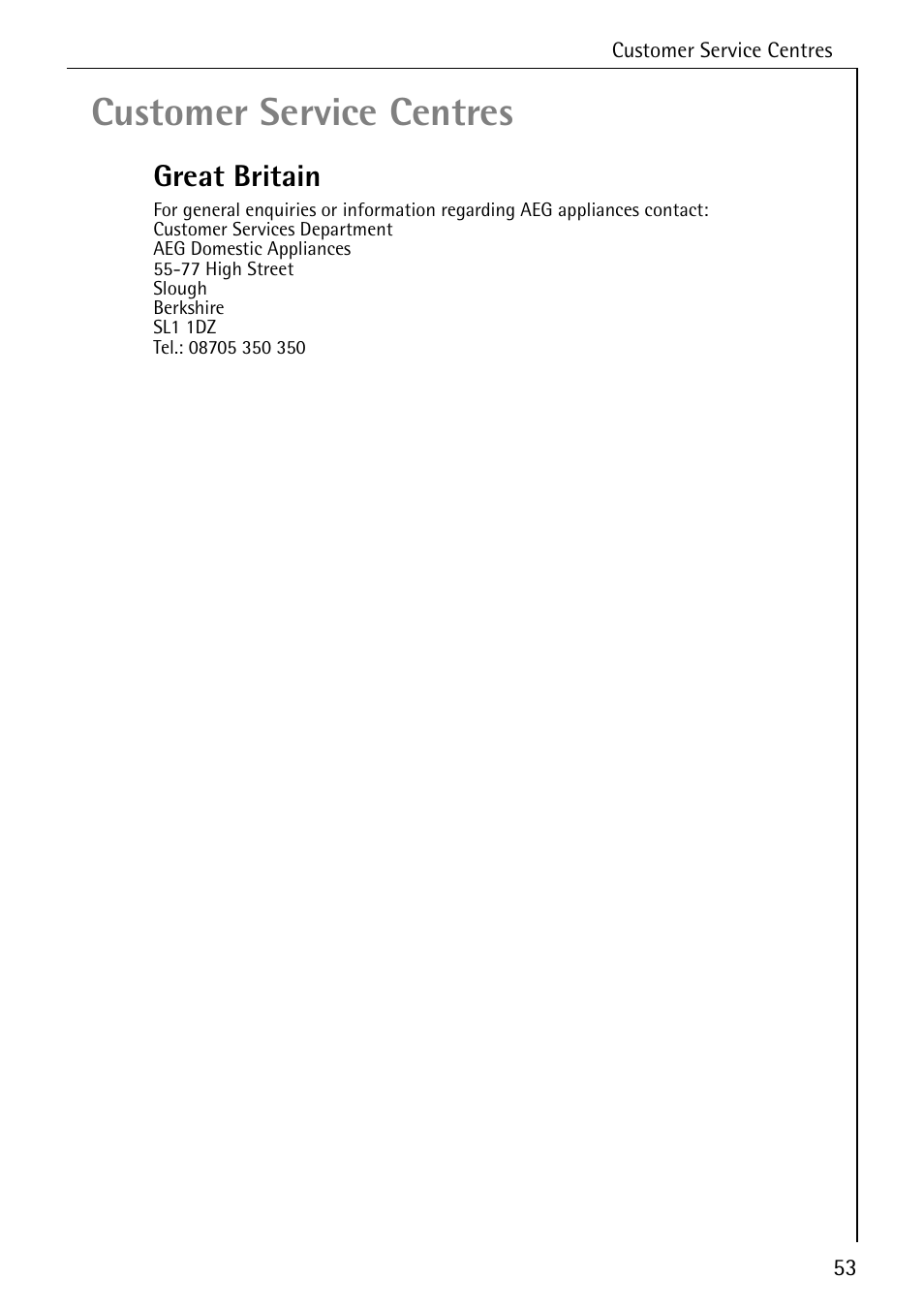 Customer service centres, Great britain | Electrolux B2100-1 User Manual | Page 53 / 56