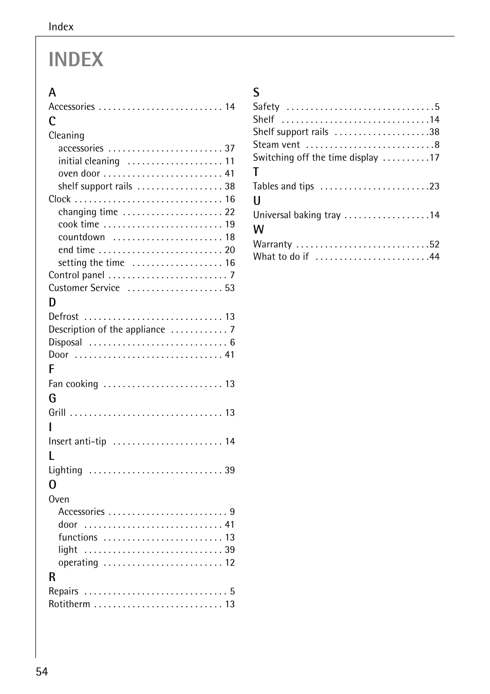 Index | Electrolux B2100-1 User Manual | Page 54 / 56
