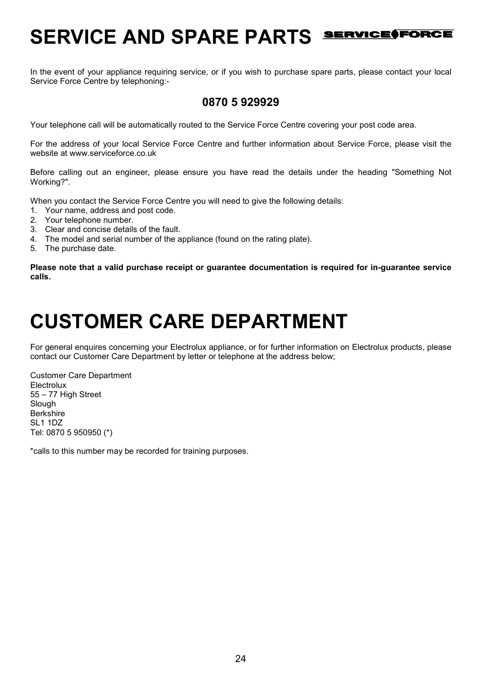 Service and spare parts, Customer care department | Electrolux EK5361 User Manual | Page 24 / 28