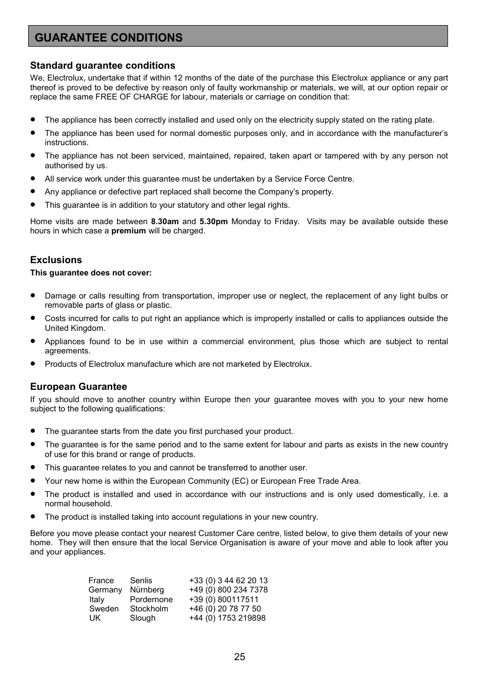 Guarantee conditions | Electrolux EK5361 User Manual | Page 25 / 28