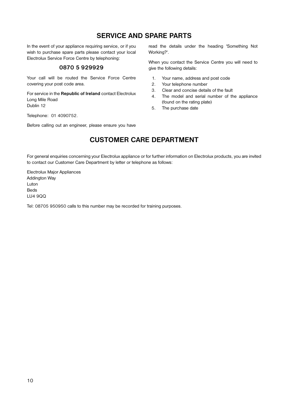 Customer care department, Service and spare parts | Electrolux ECN 1050 User Manual | Page 10 / 12