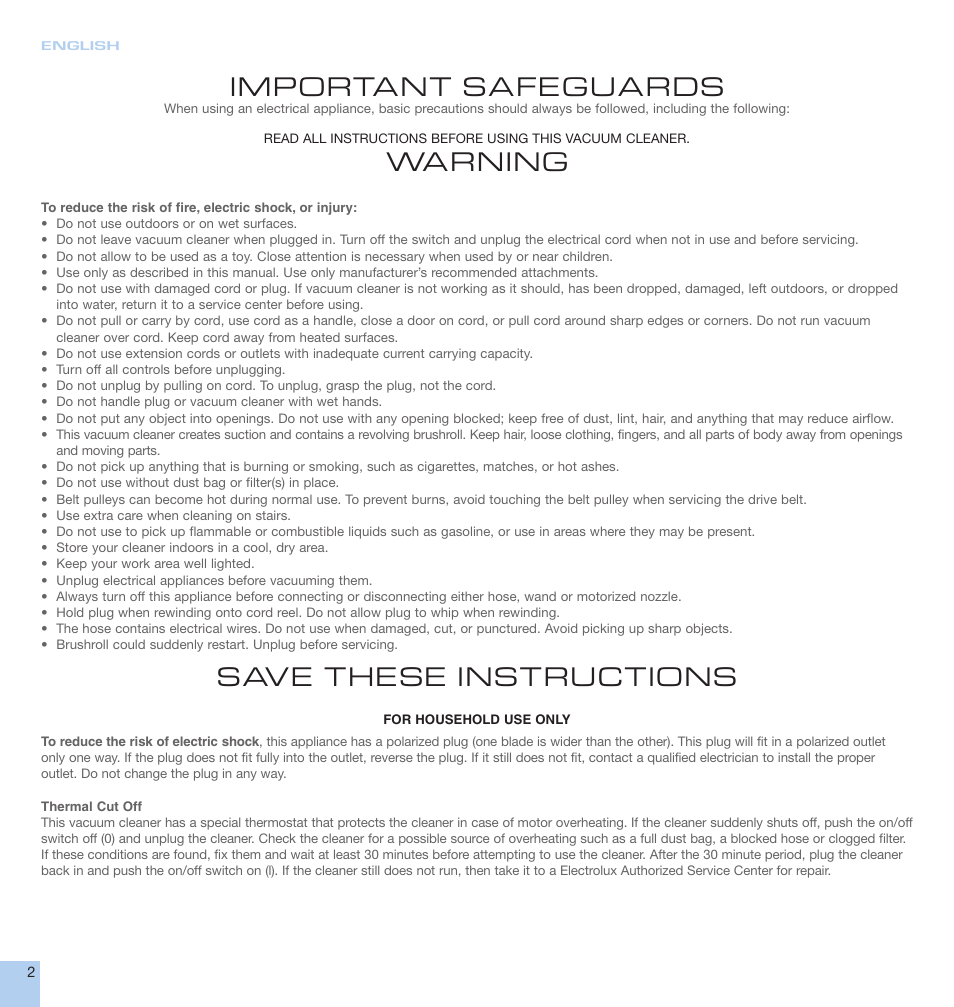 Important safeguards, Warning, Save these instructions | Electrolux EL2/EL5 User Manual | Page 2 / 16