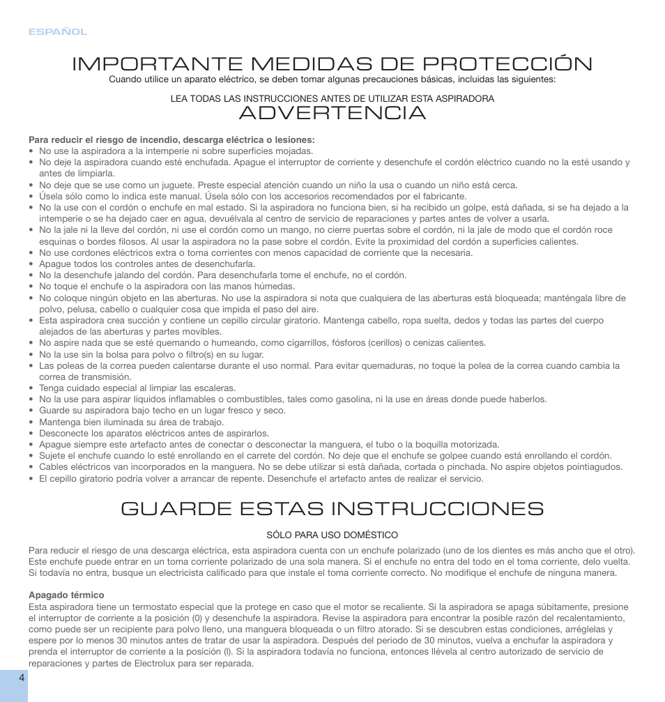 Importante medidas de protección, Advertencia, Guarde estas instrucciones | Electrolux EL2/EL5 User Manual | Page 4 / 16